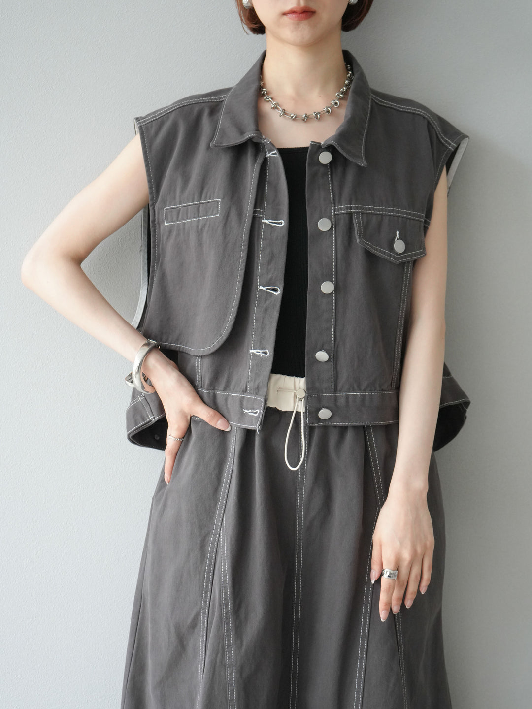 [SET]ステッチコットンツイルベスト＆スカートSET UP(2set)