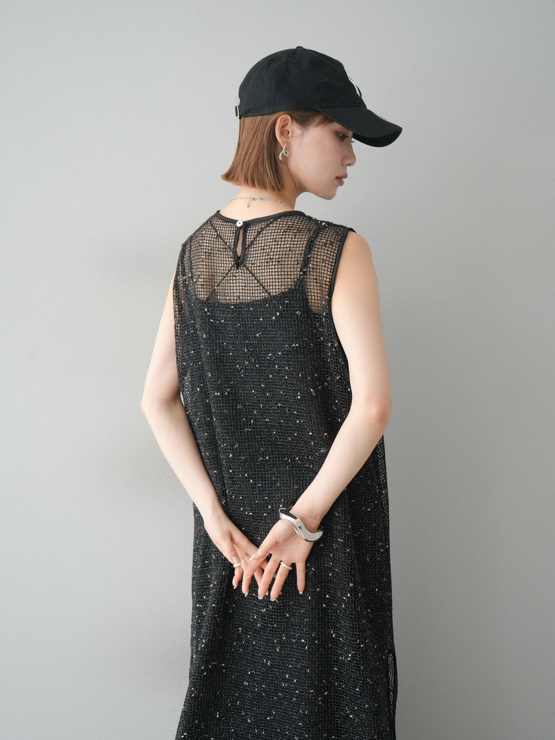 【預購】前開衩網紗連身裙/黑色