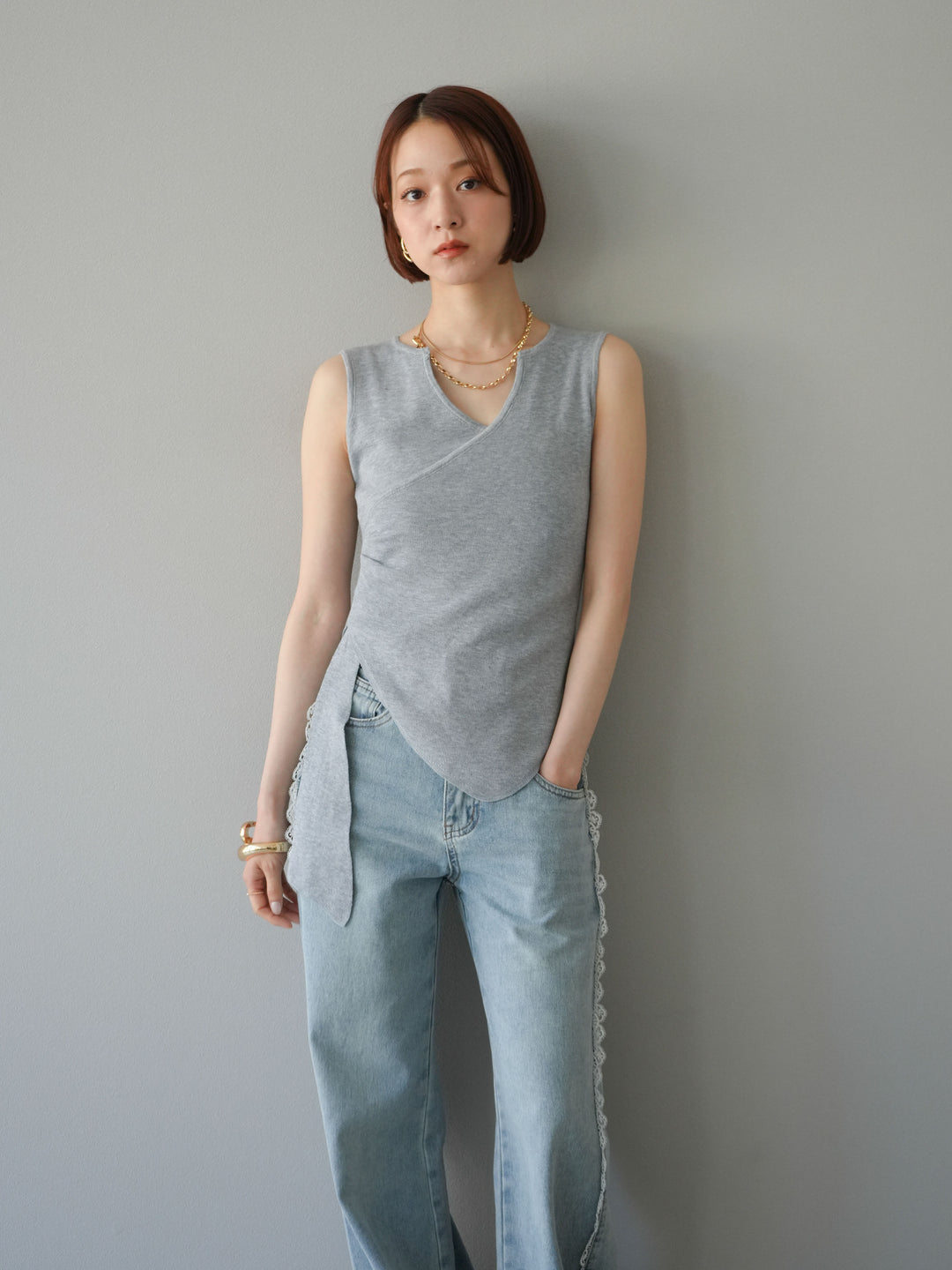 [SET]カシュクールノースリーブニットトップス+ラインレースデニムパンツ(2set)