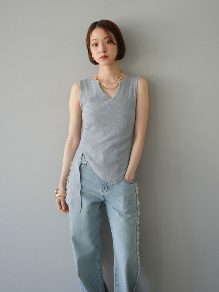 [SET]カシュクールノースリーブニットトップス+ラインレースデニムパンツ(2set)