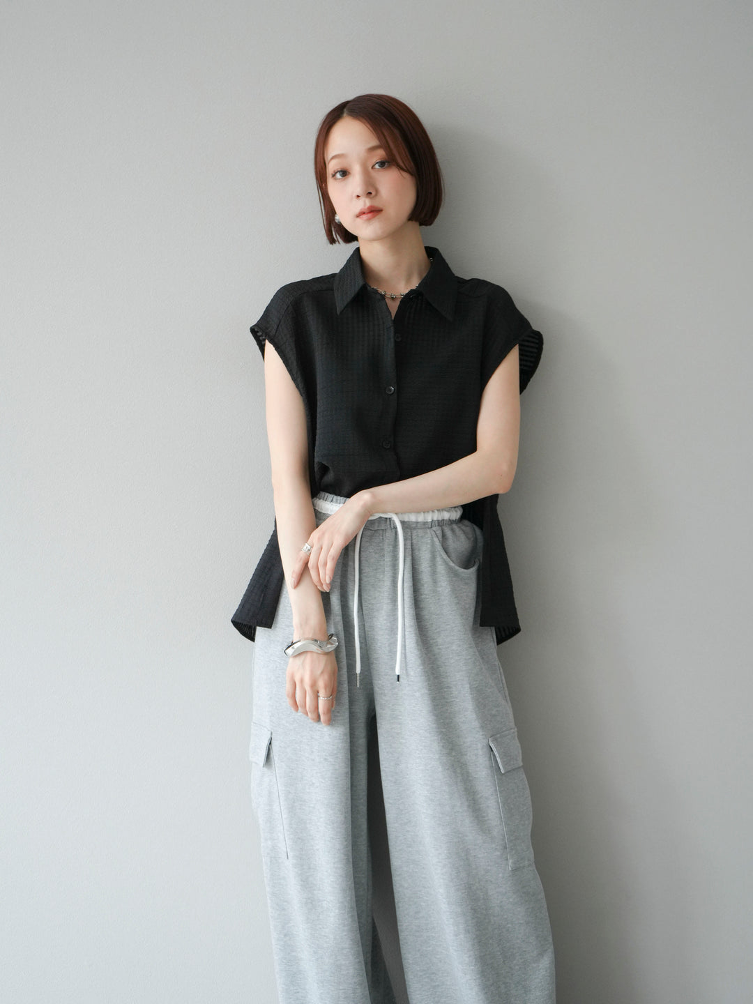 [SET]シアーチェックノースリーブシャツ+ウエストラインサイドポケットスウェットパンツ(2set)