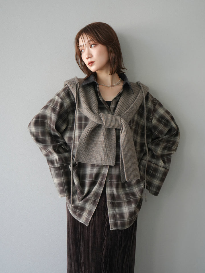 [SET]レザー襟オンブレチェックオーバーシャツ +クラッシュベロアナロースカート(2set)