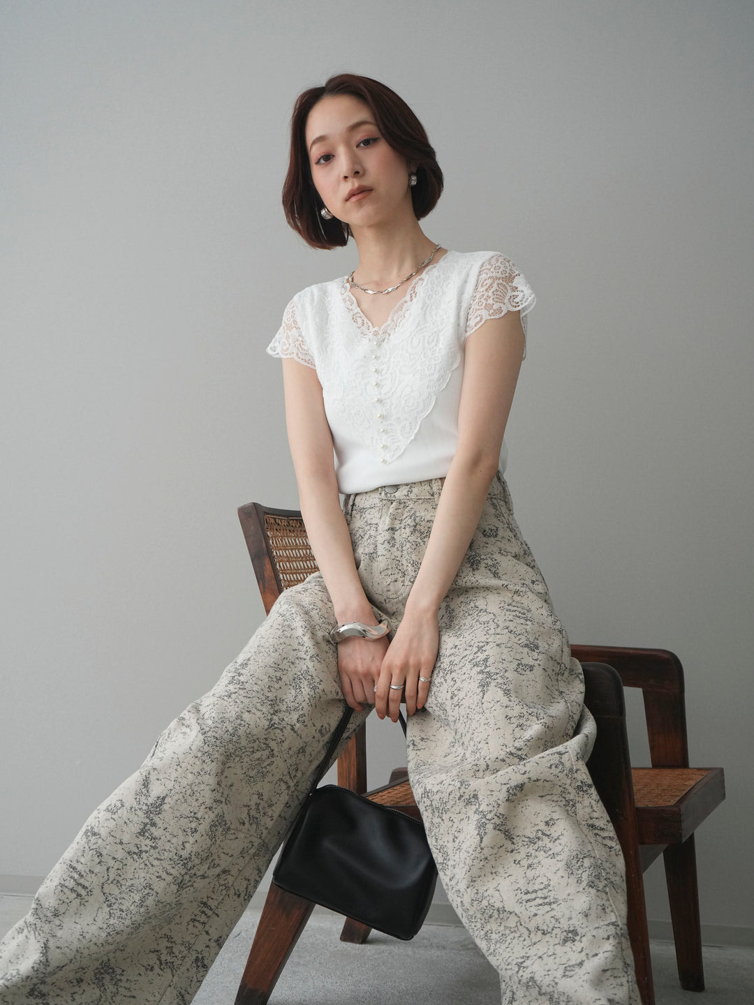 [SET]パールボタンレース切替ニットトップス+ジャガードカーブデニムパンツ(2set)