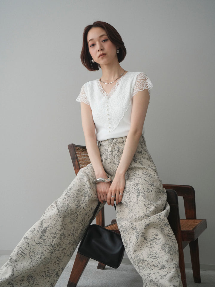 [SET]パールボタンレース切替ニットトップス+ジャガードカーブデニムパンツ(2set)