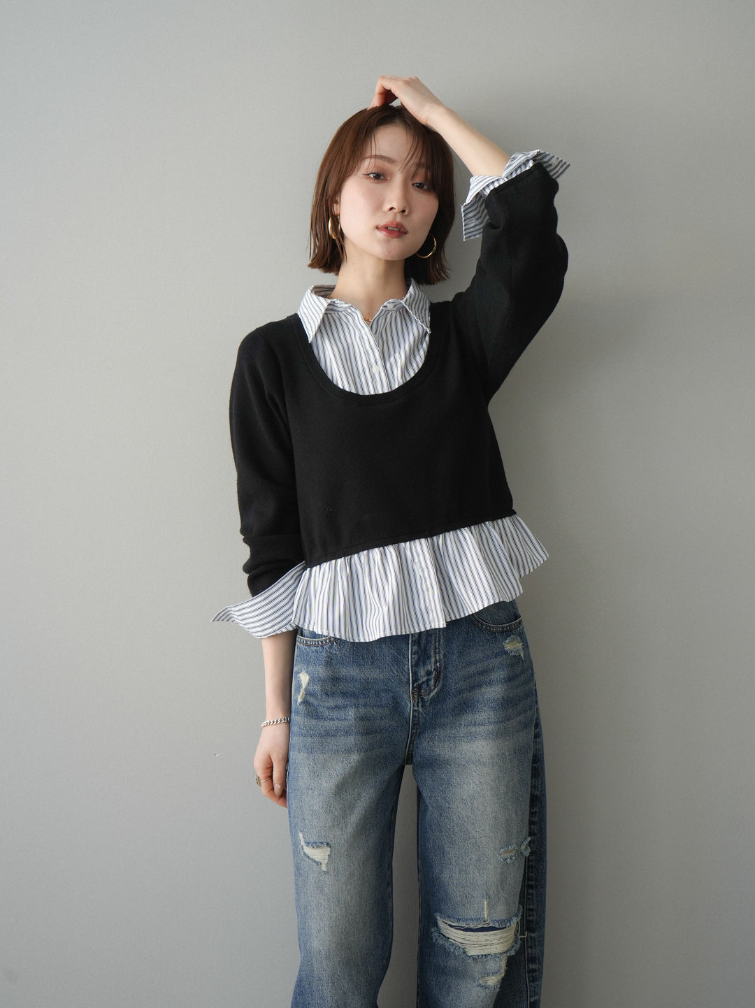 [予約]ストライプシャツUネックドッキングニットプルオーバー/blackoffstripe