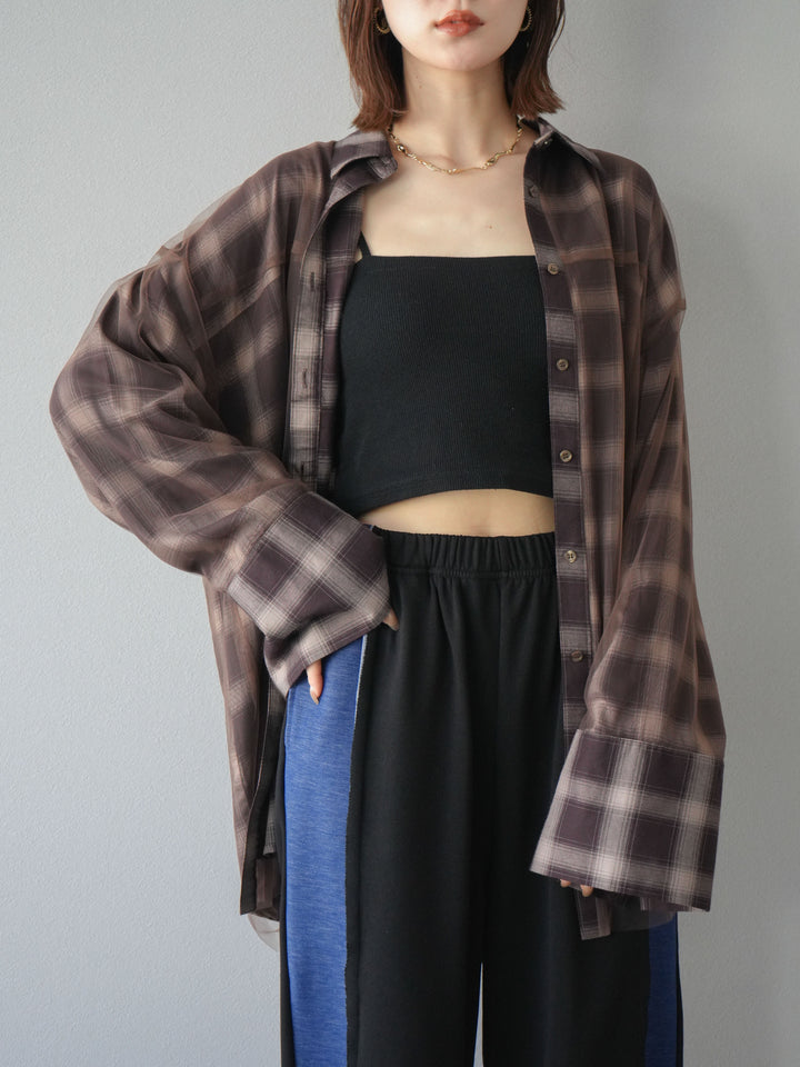 [套裝] 薄紗對接格紋寬鬆襯衫 + 牛仔布 Switch 2-Way 設計運動褲 (2 套)