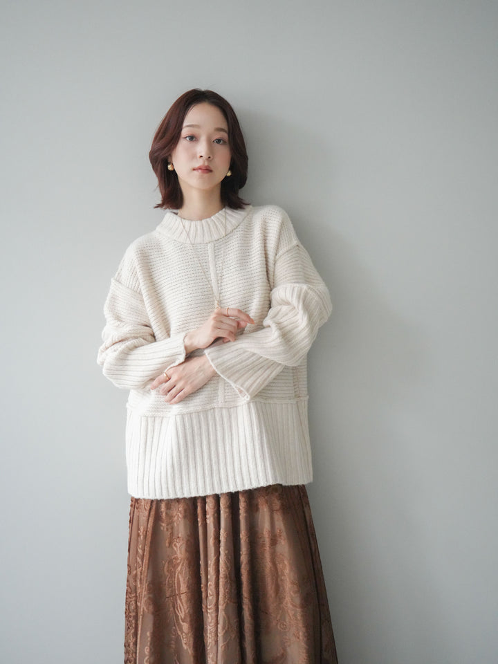 [SET]編み地切替ボトルネックニットプルオーバー+アンティーク柄フロッキーマキシスカート(2set)