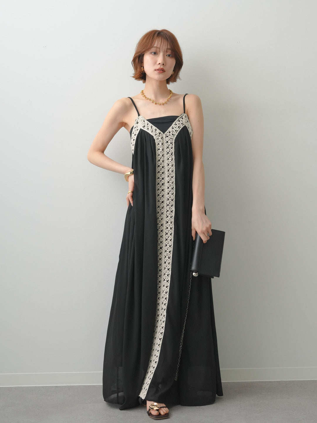 [予約]センタークロシェレースキャミワンピース/black