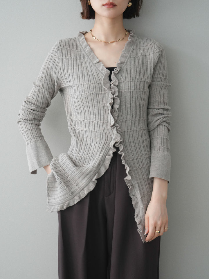 [予約]フロントフリルリブニットカーディガン/greige