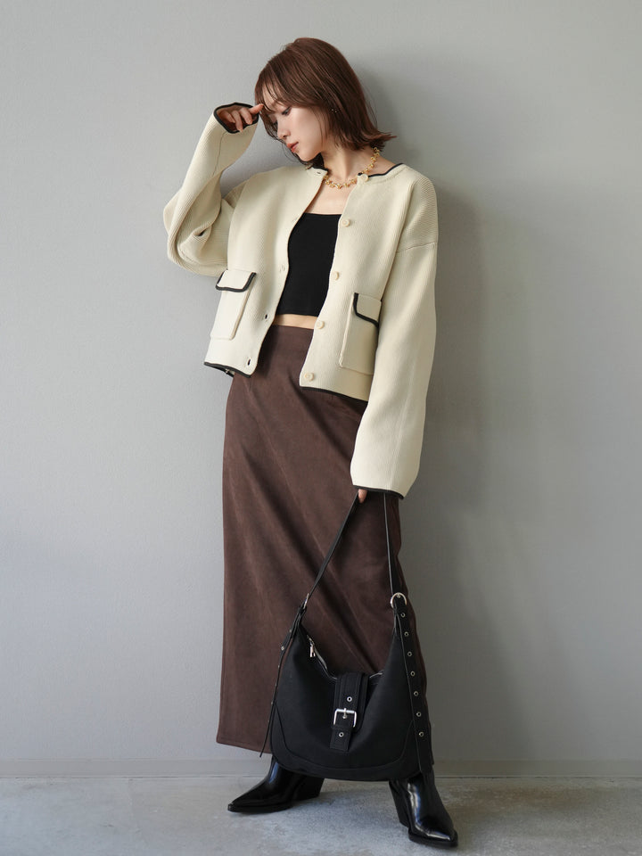 [予約]ポリエステル配色クルーネックカーディガン/アイボリー