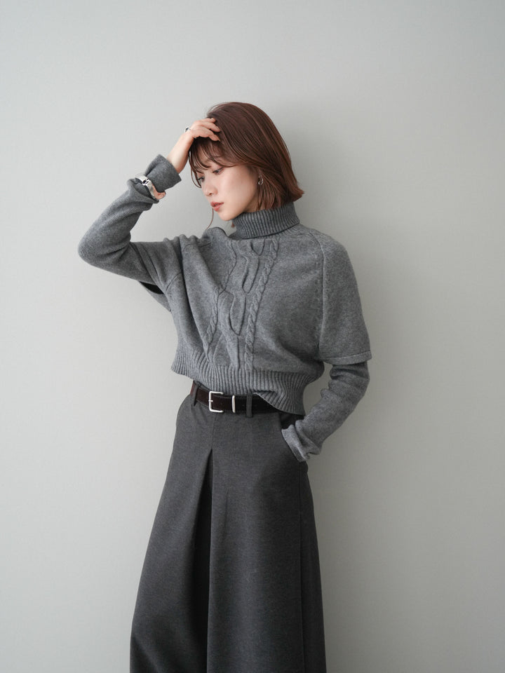 [予約]ケーブル編みタートルハーフスリーブニットアンサンブル/gray