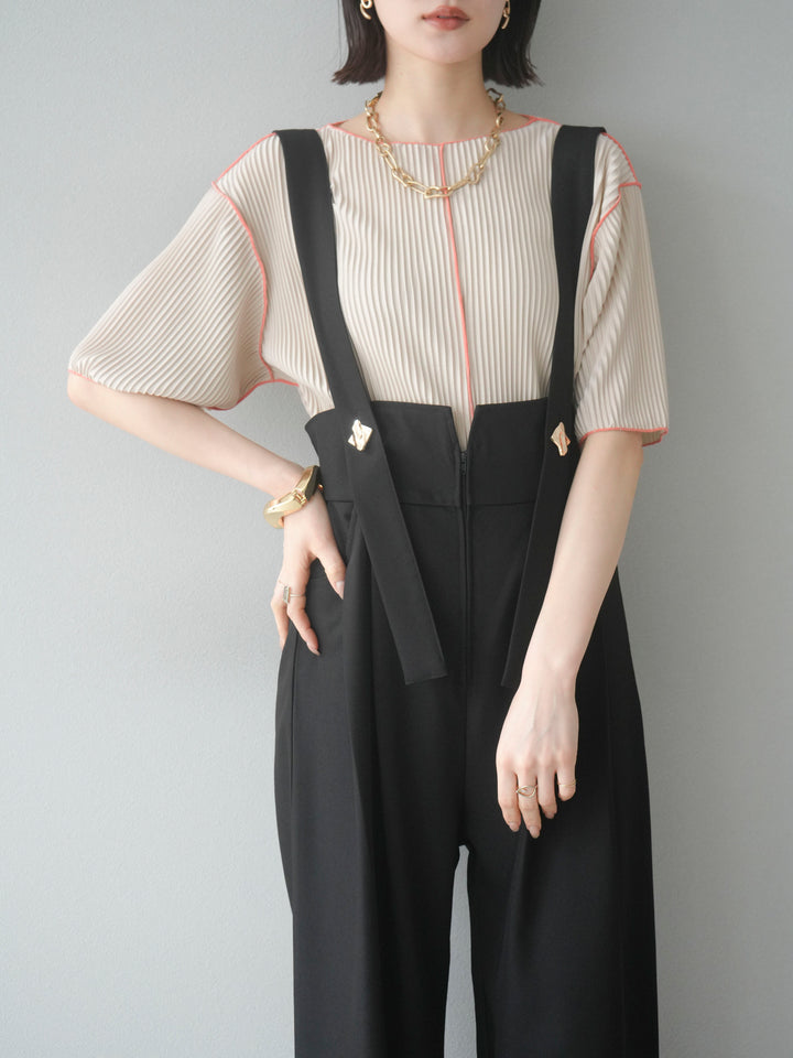【SET】配色褶皺半袖上衣 + 配色褶皺半袖上衣 (2 件套)