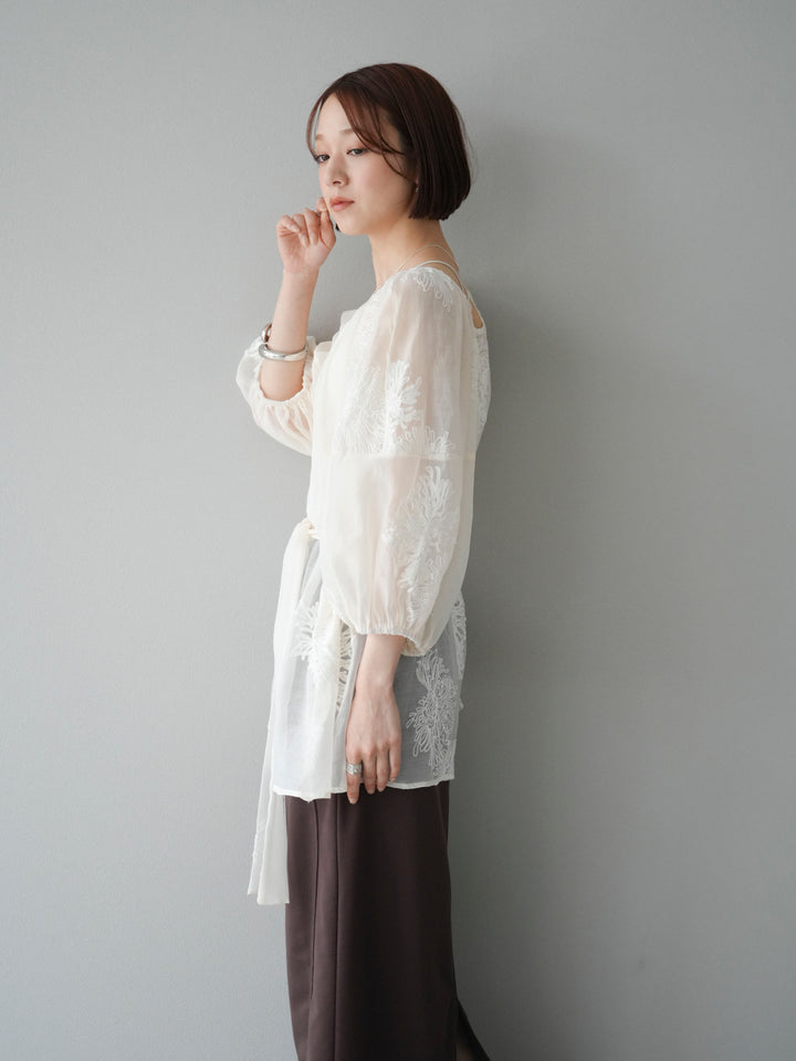 [SET]刺繍シアーバルーンスリーブブラウス+スウェットロングスカート(2set)
