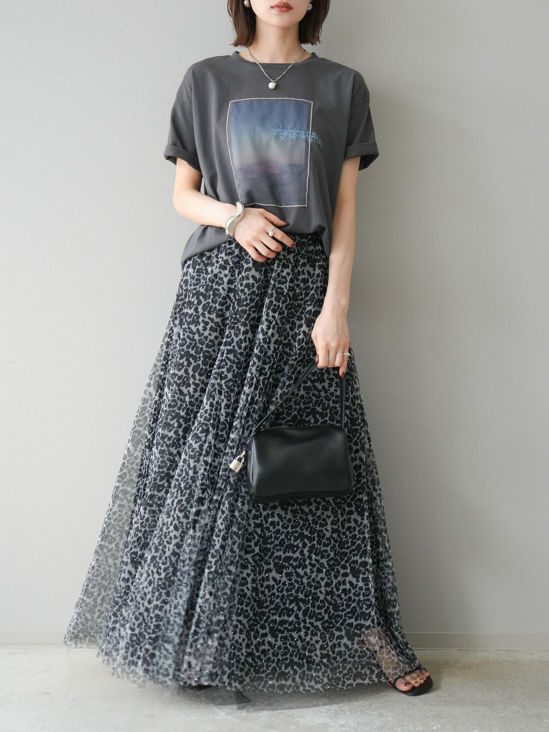 [予約]レオパードチュールレイヤードプリーツスカート/ブラック