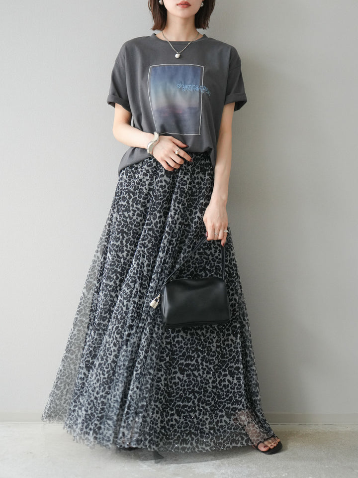 [予約]レオパードチュールレイヤードプリーツスカート/ブラック
