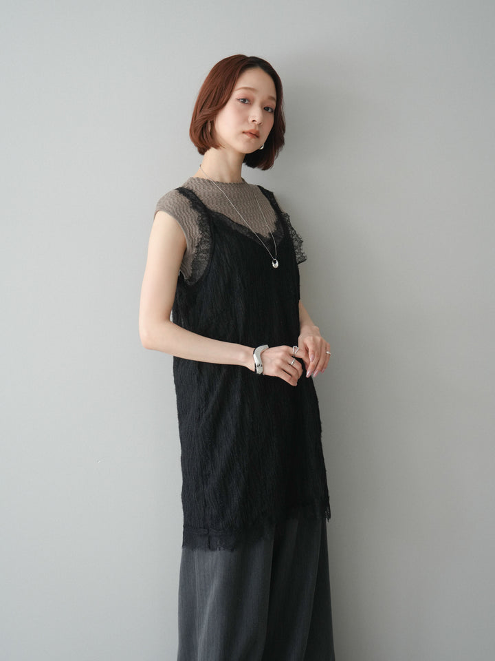 [予約]レース切替ジャガードニットロングキャミソール/black