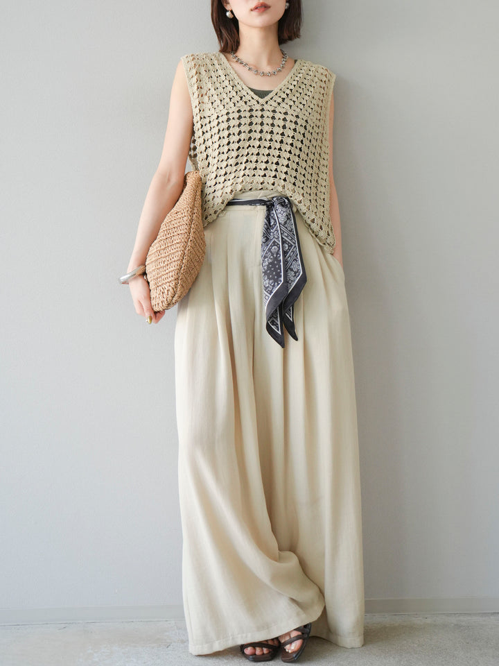 [予約]スカーフベルト付3タックワイドパンツ/ベージュ