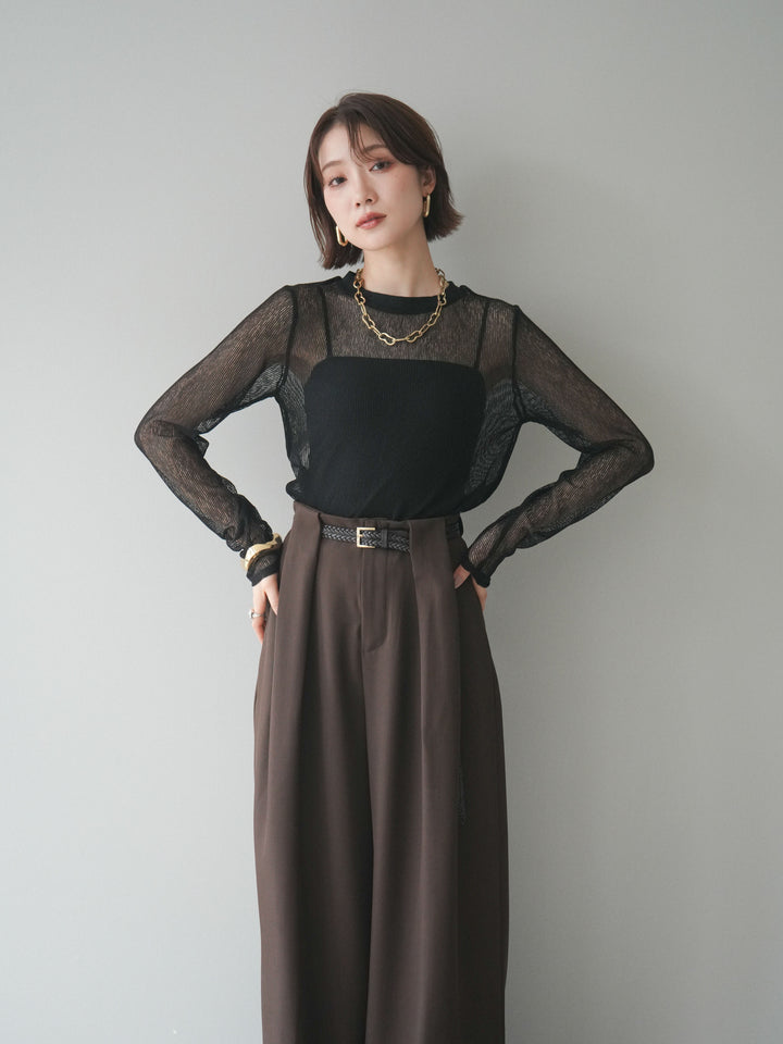 [SET]シアーストライプメッシュトップス+ドレープタックベルトループパンツ(2set)