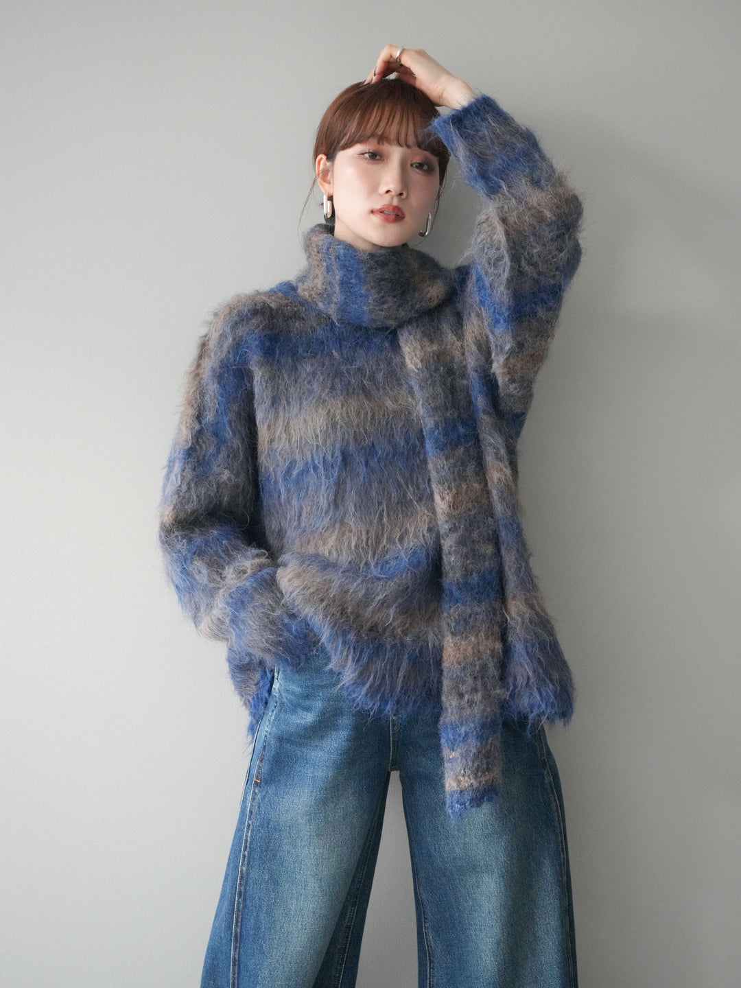 [予約]ストール付シャギーマルチボーダーニットプルオーバー/blue