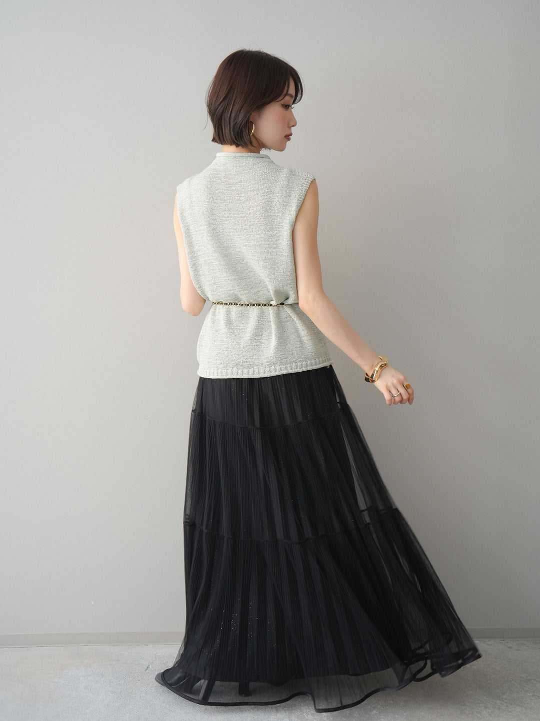 [予約]ラメプリーツレイヤードチュールロングスカート/black