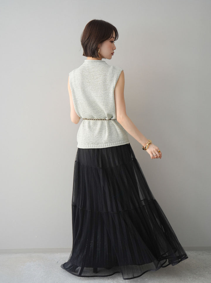 [予約]ラメプリーツレイヤードチュールロングスカート/black