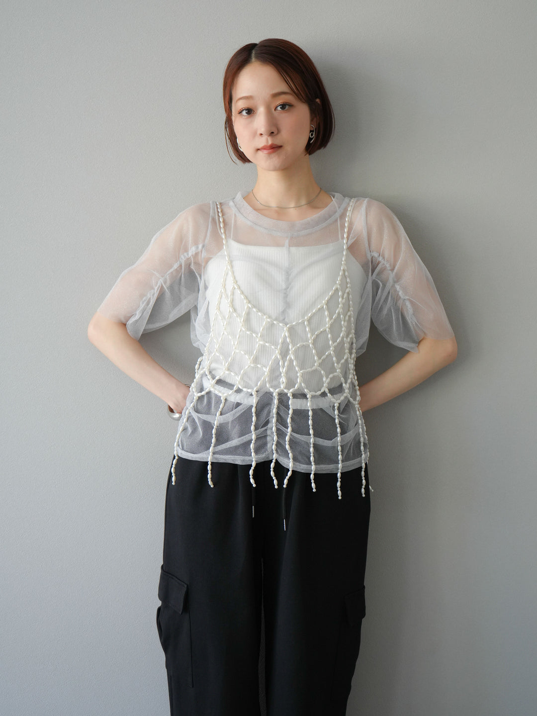 [SET]ラメチュールシャーリングプルオーバー+パールフリンジビスチェ(2set)