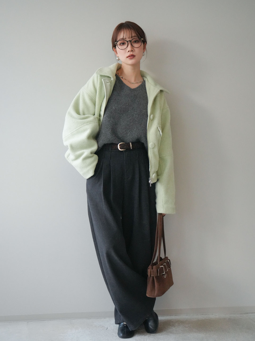 [SET]ウールライクフライトジャケット+アニマル柄ベルト付きウールタッチワイドパンツ(2set)