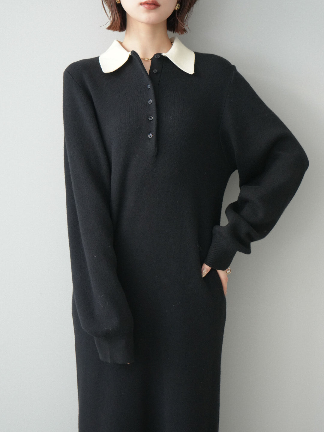 [予約]配色ポロニットワンピース/black