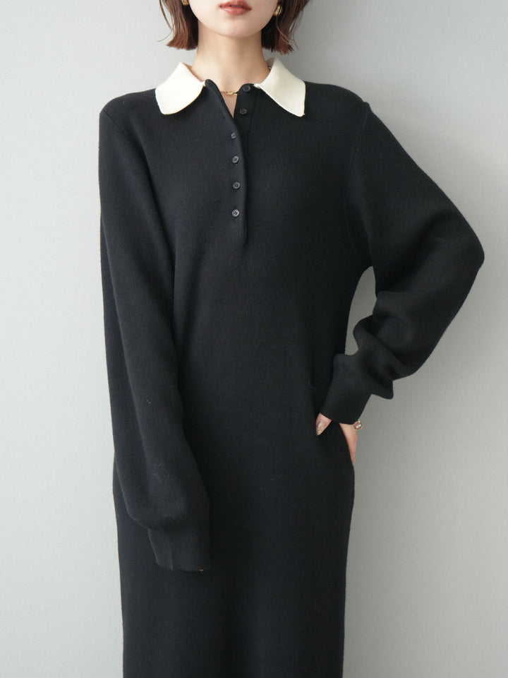 [予約]配色ポロニットワンピース/black