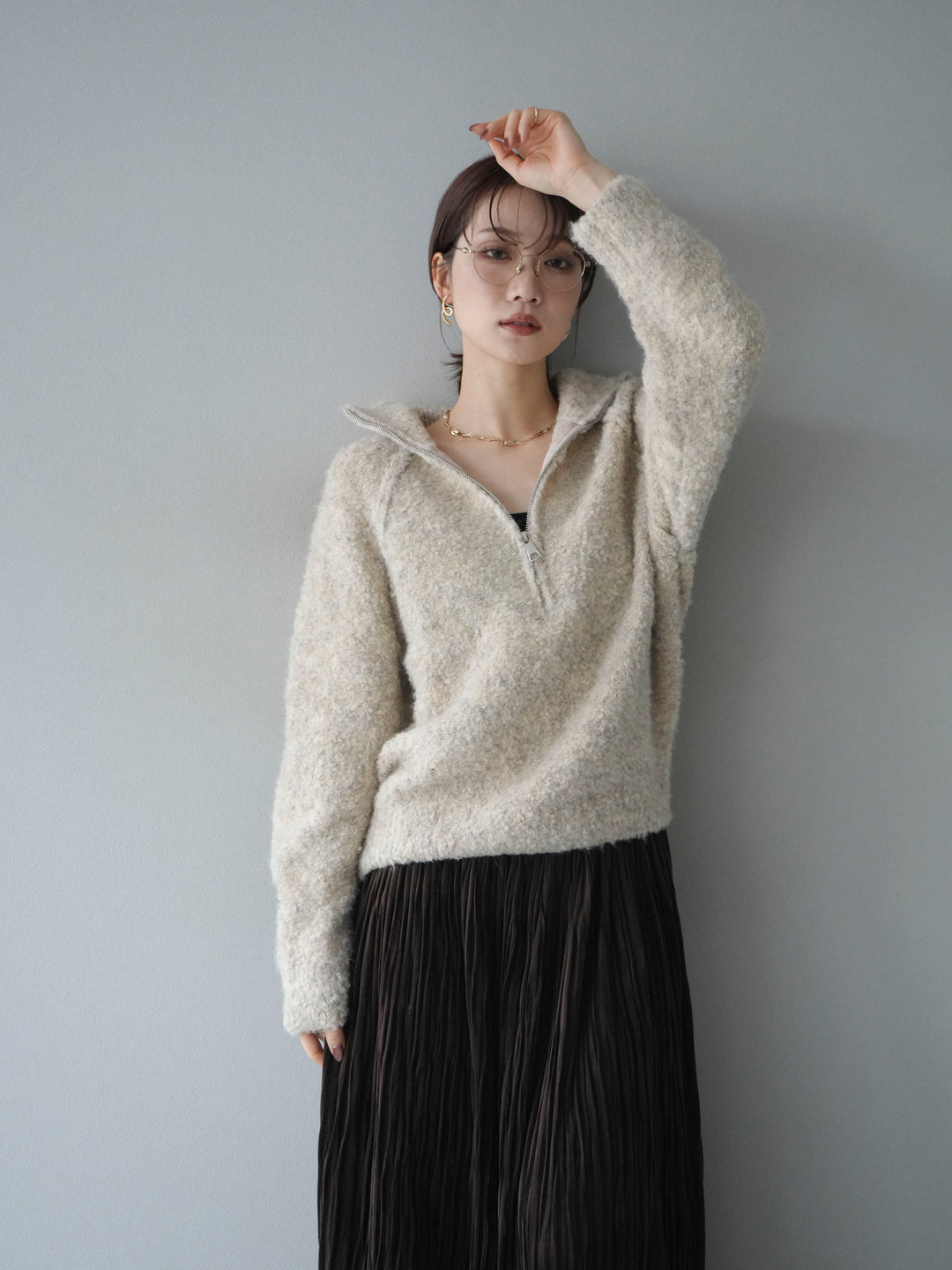 [予約]スタンドジップMIXブークレニットプルオーバー/beige