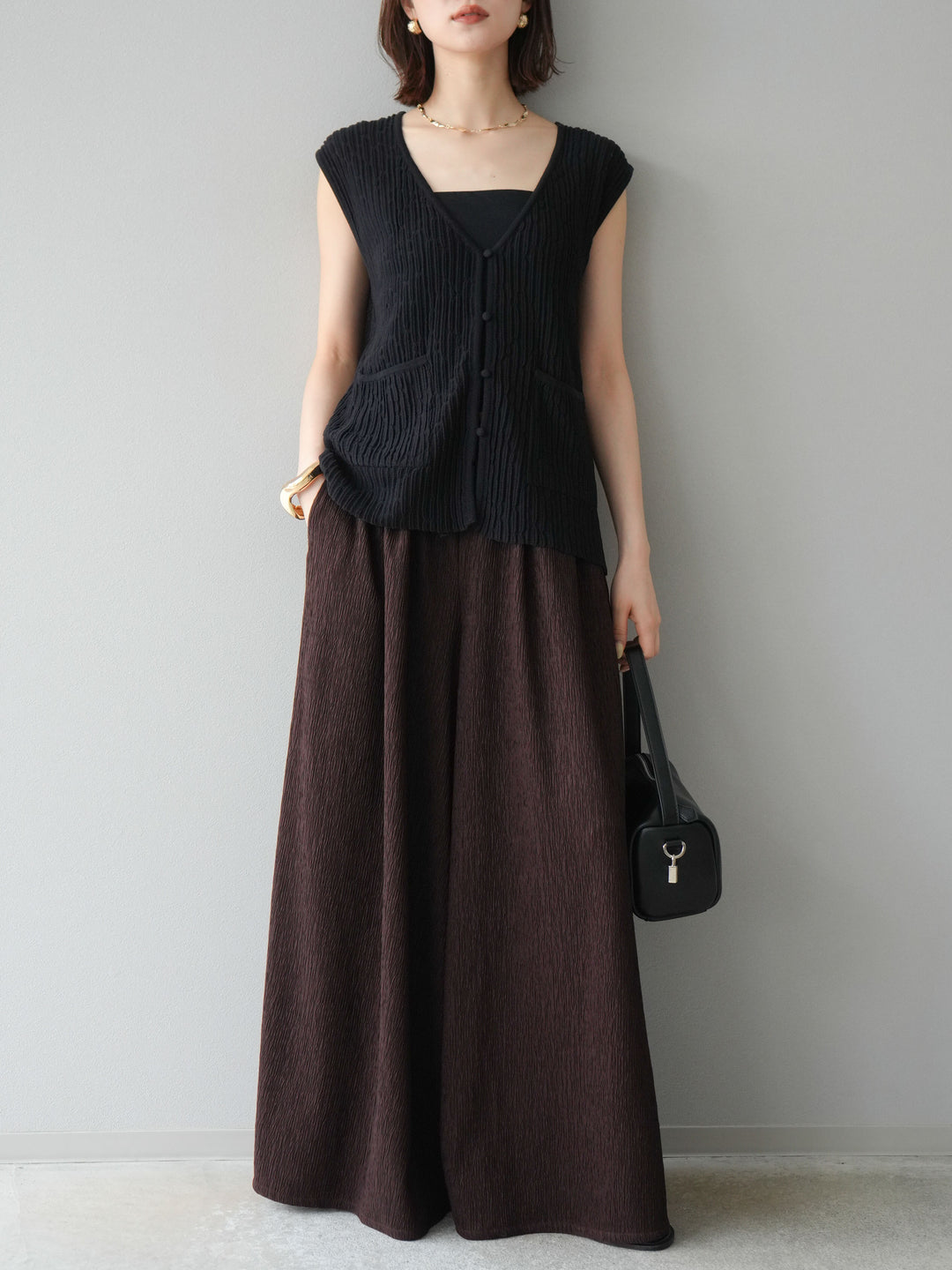 [SET] 波浪夏季針織背心+柳葉寬腿褲（2件套）