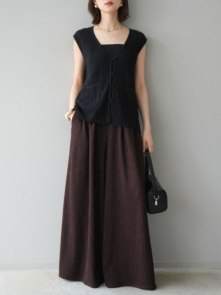 [SET] 波浪夏季針織背心+柳葉寬腿褲（2件套）