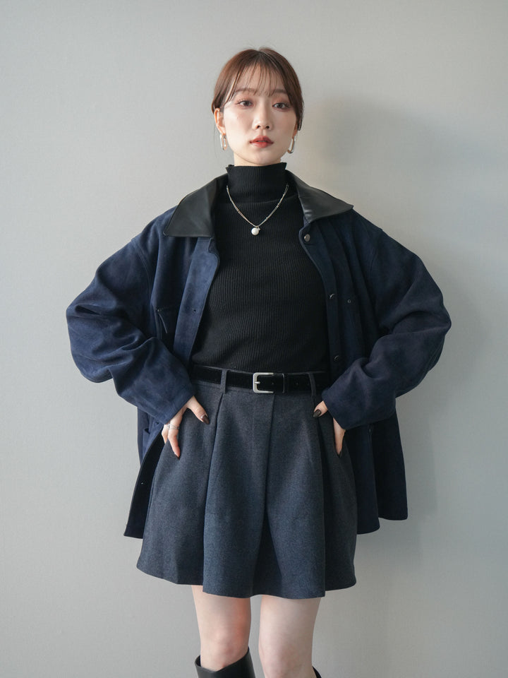[予約]襟レザーステンカラースエードジャケット/navy