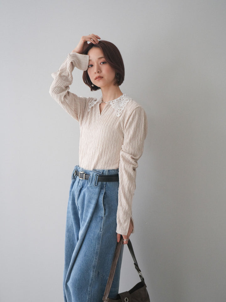 [SET]袖スリットレースカラートップス+ハイウエストベルトループデザインデニムパンツ(2set)