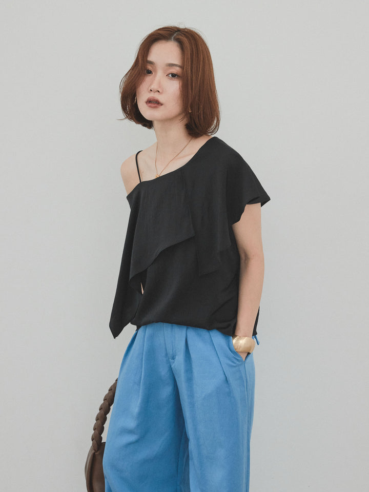 [SET]ワンショルラッフルブラウス+リネンタッチタックワイドパンツ (2set)