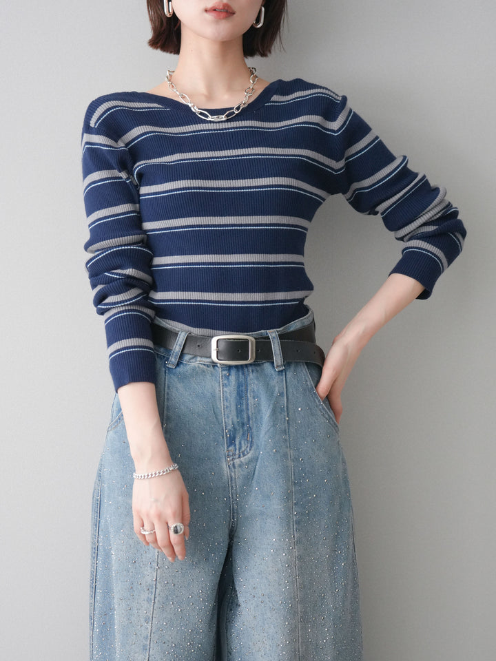 [予約]バックオープンテレコリブマルチボーダートップス/navy