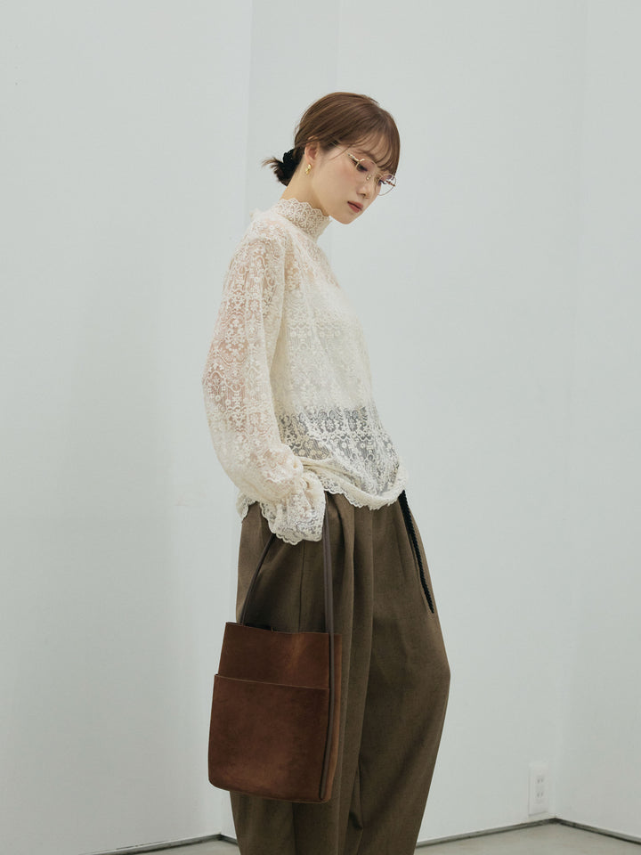 【Allure】[SET]ハイネックレーストップス+モックスカルゼサイドタックコクーンパンツ(2set)