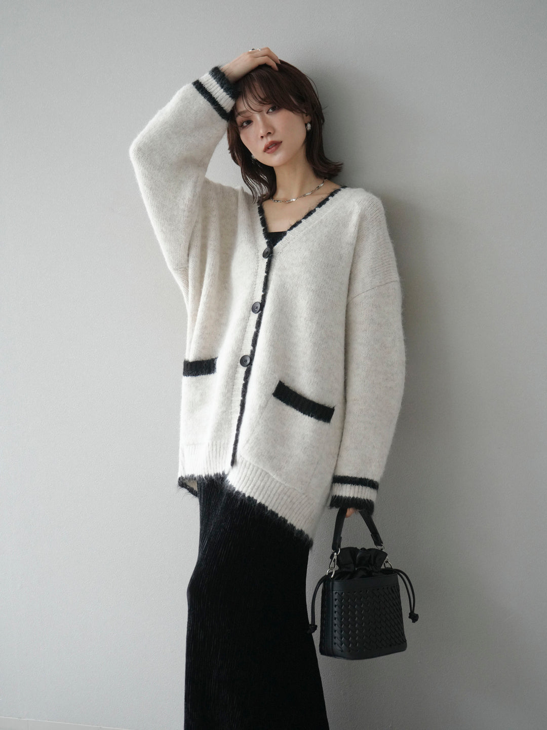 [予約]バイカラーラメニットカーディガン/ivory