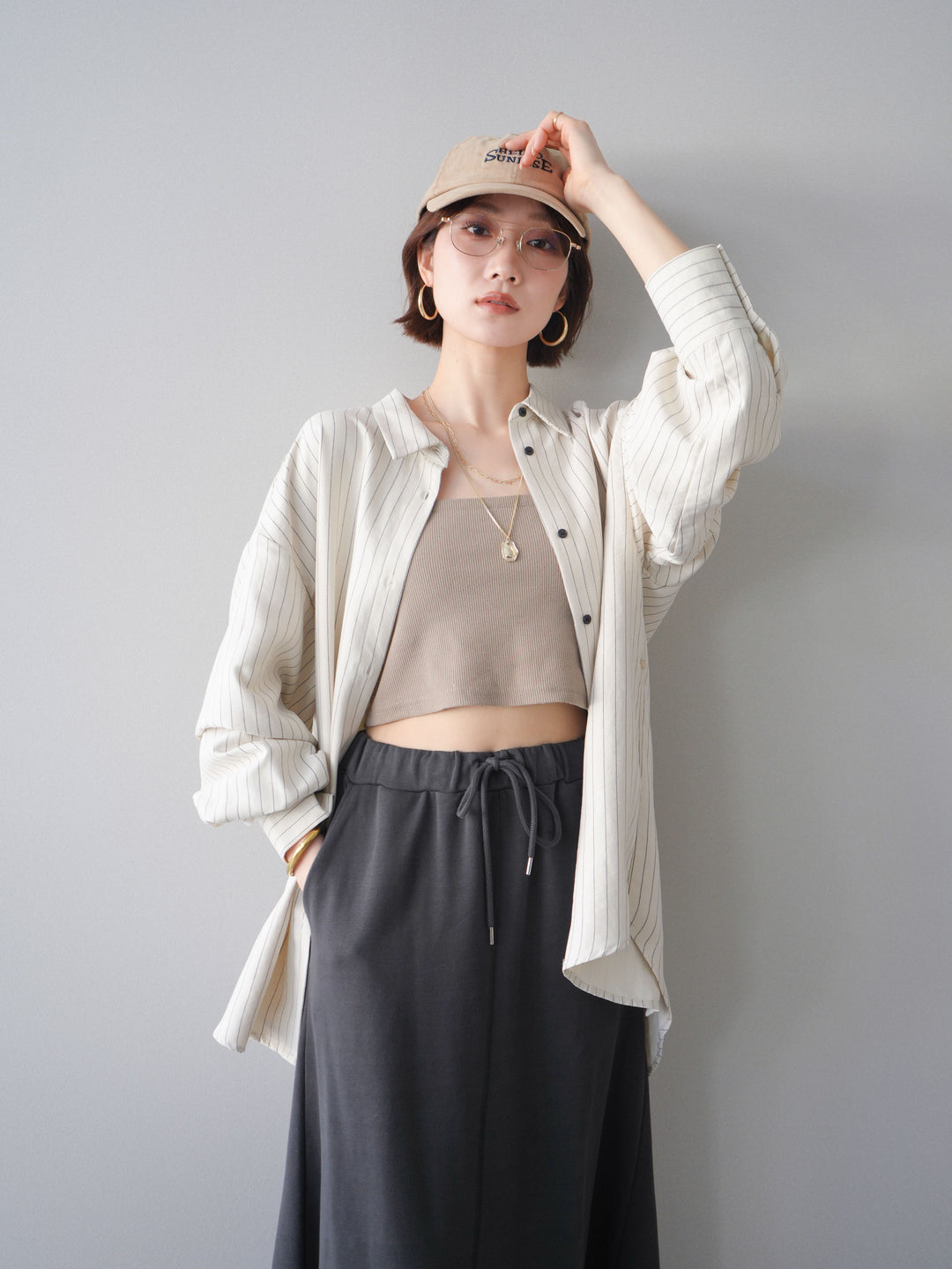 [SET]2WAYカシュクールストライプブラウス+スウェットフレアロングスカート(2set)