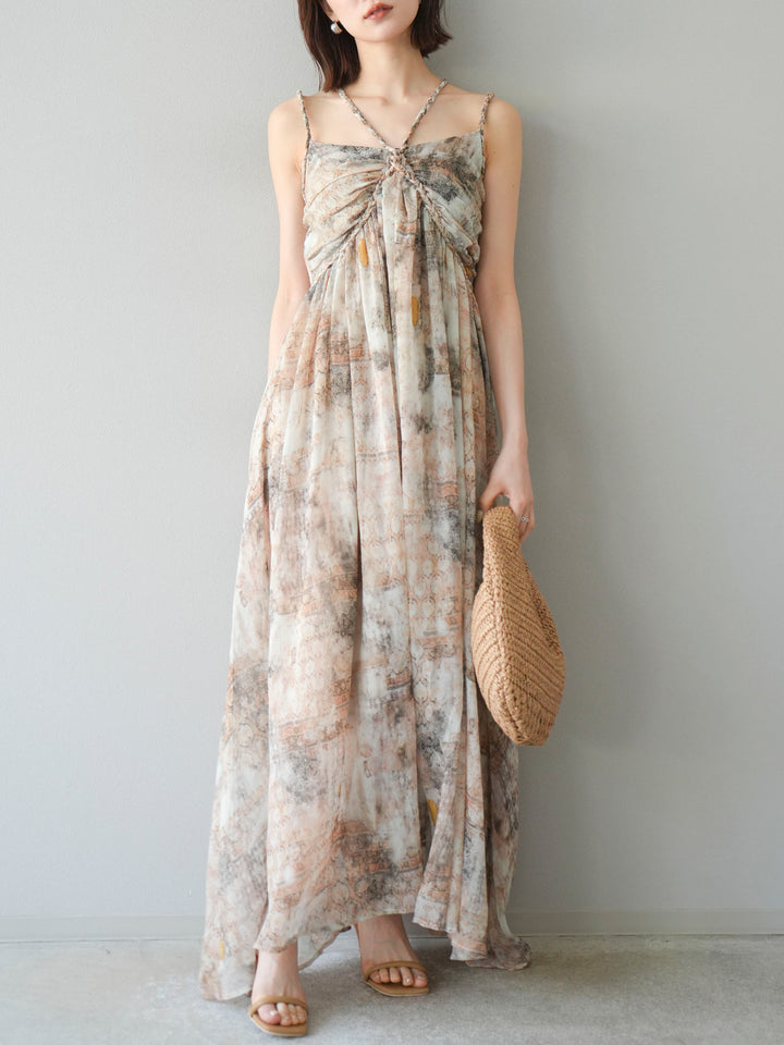 [予約]編み込みショルダーニュアンス柄シフォンワンピース/ベージュ