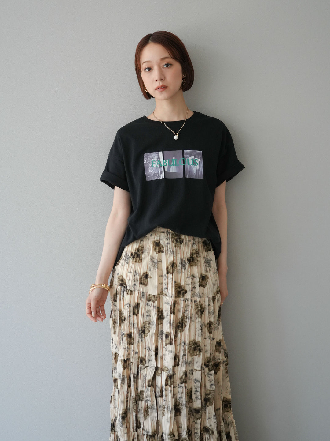 [SET]ネオンロゴコラージュフォトプリントオーバーTシャツ+フラワーワッシャーロングスカート(2set)
