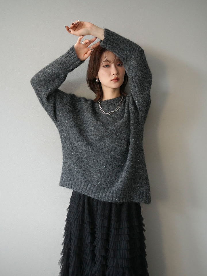 [予約]スパンコールニットプルオーバー/チャコール
