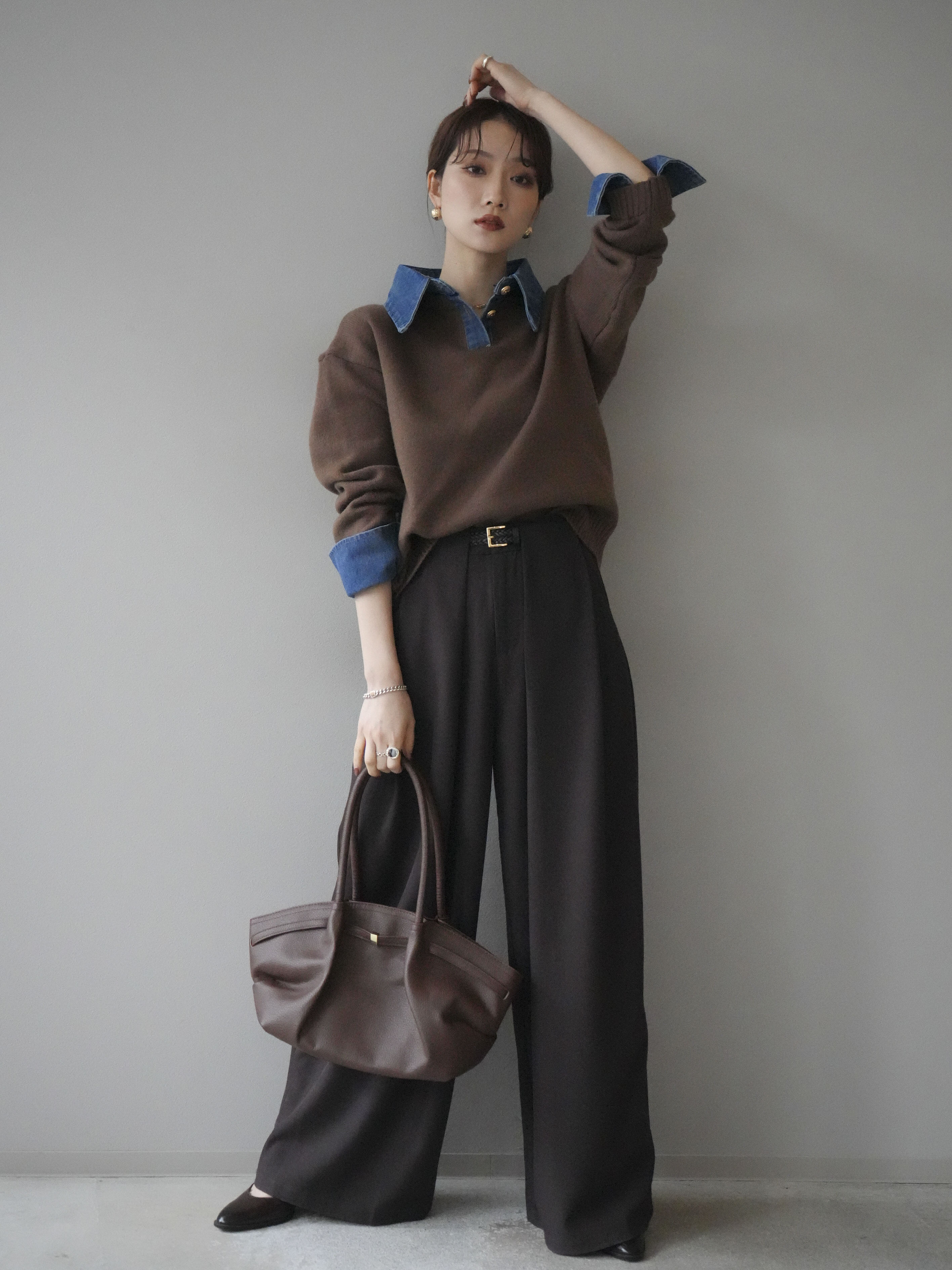 SET]デニム襟ポロニットプルオーバー+ベルトループデザインワイド