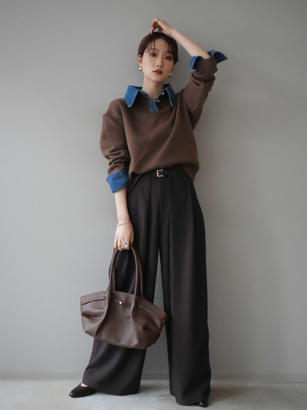 [SET]デニム襟ポロニットプルオーバー+ベルトループデザインワイドパンツ(2set)