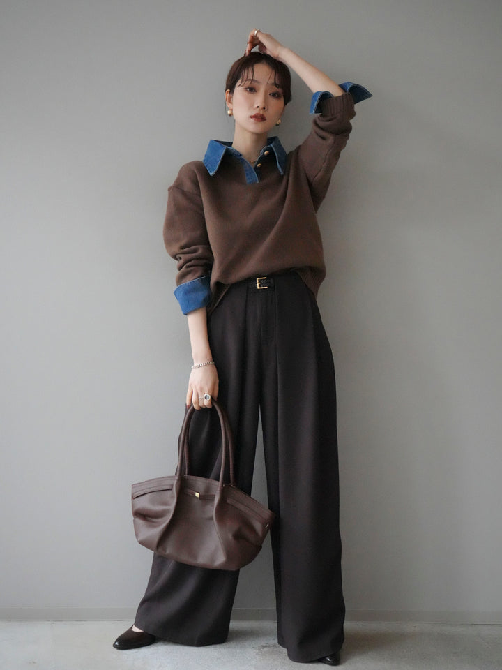 [SET]デニム襟ポロニットプルオーバー+ベルトループデザインワイドパンツ(2set)