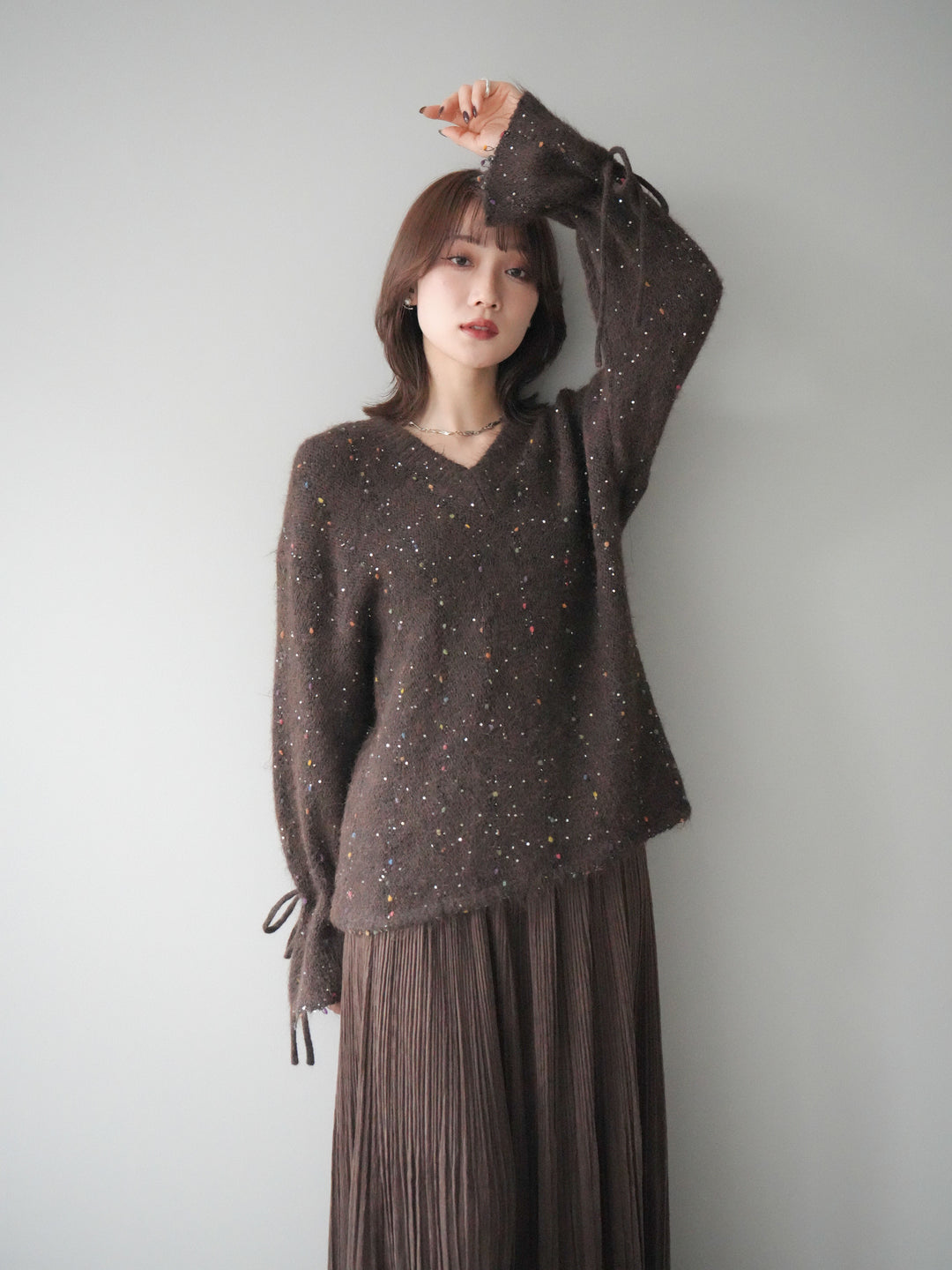 [予約]キャンディースリーブカラーネップスパンコールニットプルオーバー/brown