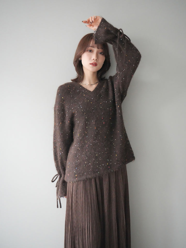[予約]キャンディースリーブカラーネップスパンコールニットプルオーバー/brown