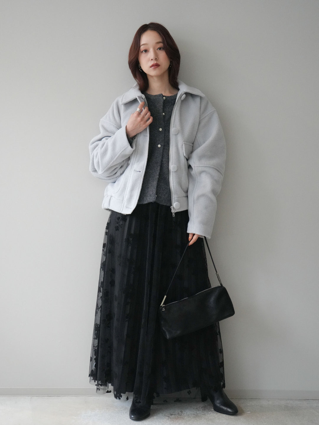 [SET]ウールライクフライトジャケット+アンティークボタンニットカーディガン+フラワーフロッキーチュールプリーツスカート(3set)