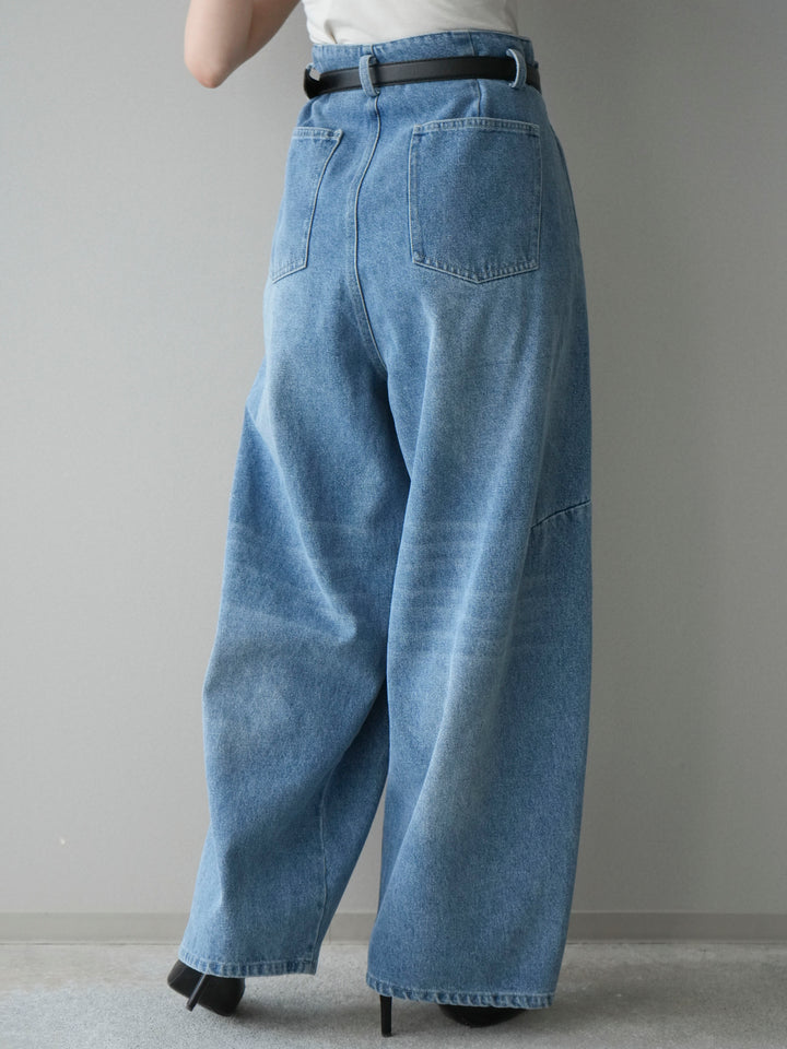 [予約]ハイウエストベルトループデザインデニムパンツ/blue
