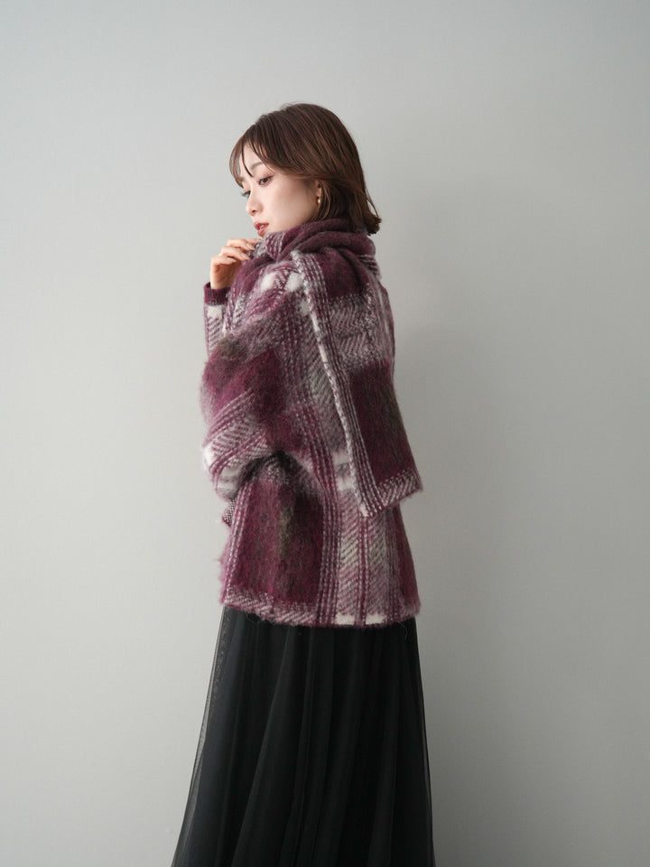 [予約]ストール付シャギーチェックニットプルオーバー/red